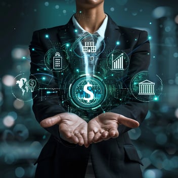 Mujer de negocios con traje formal sostiene las manos extendidas mientras interactúa con una interfaz holográfica de banca digital
